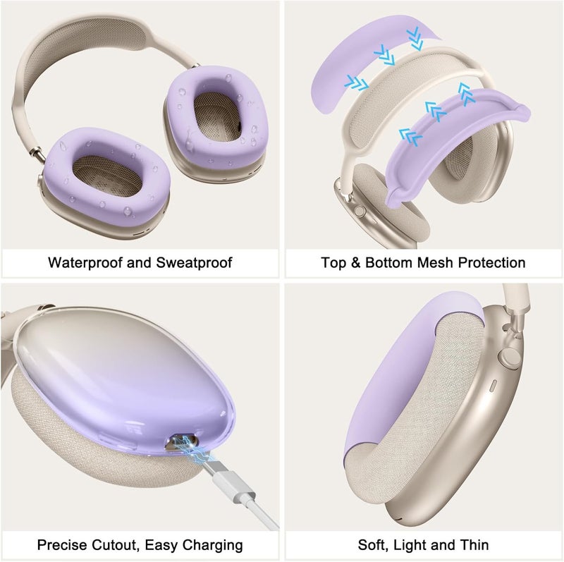 MINDRESY [4 in 1] Silicone Case Cover for AirPods Max, Clear Gradient Soft TPU Ear Cups Cover/Ear Pad Case Cover/Headband Cover Transparent Accessories for Apple AirPods Max (2024/2020)(USB-C/Lightning),Purple - Image 5